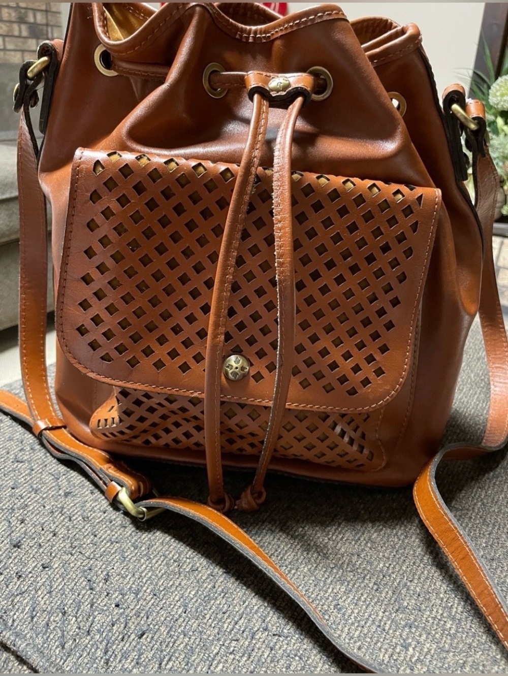 Patricia Nash Cognac Brown Perforated Leather Drawstring Satchel